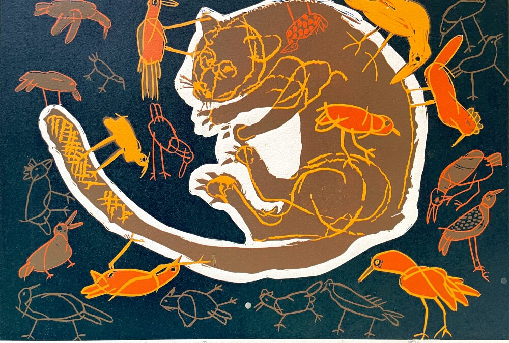 CAT AND BIRDS, 2007  (REDUCTION LINOCUT)